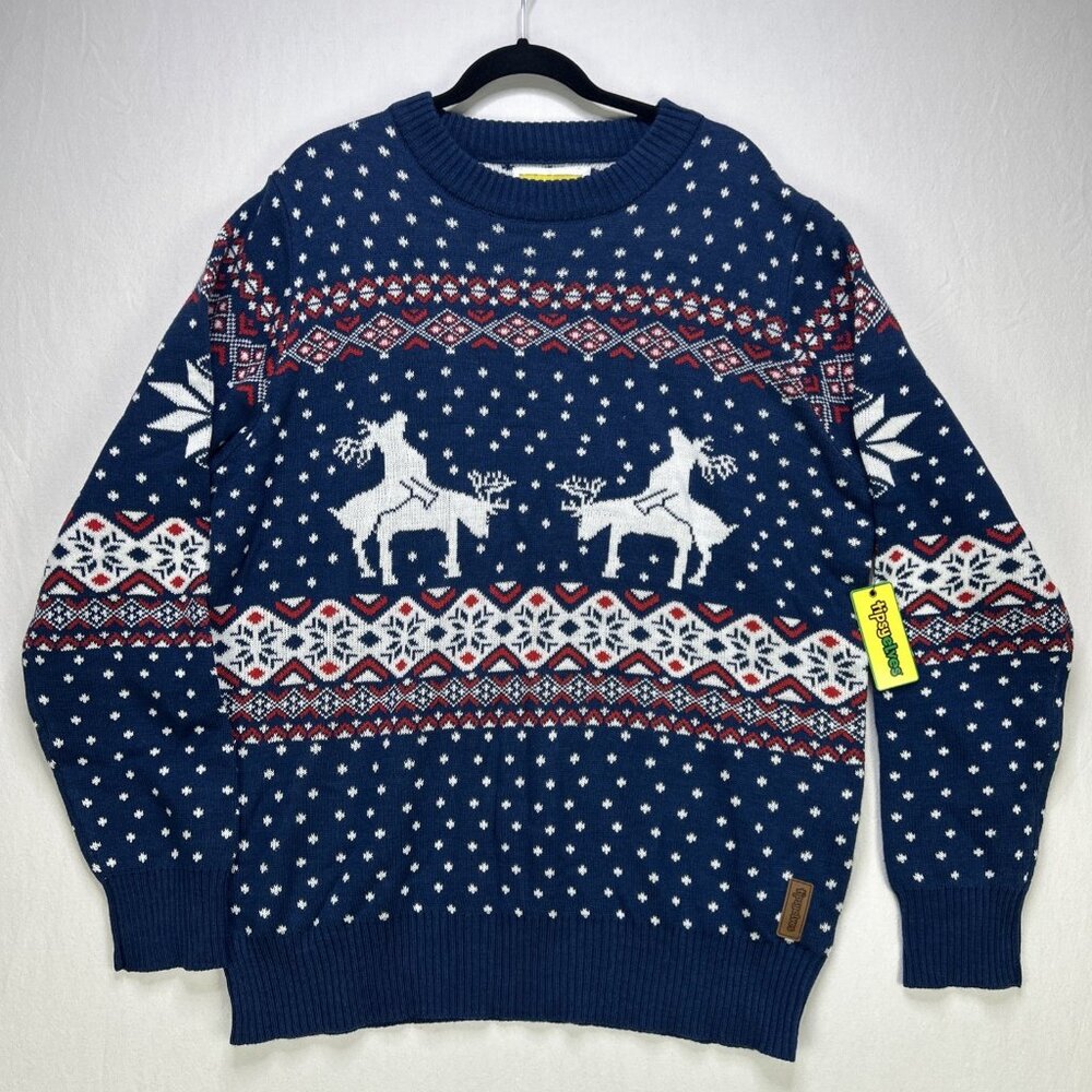 Tipsy Elves Ugly Christmas Sweater Naughty Reindeer Blue Red White Mens Size XXL